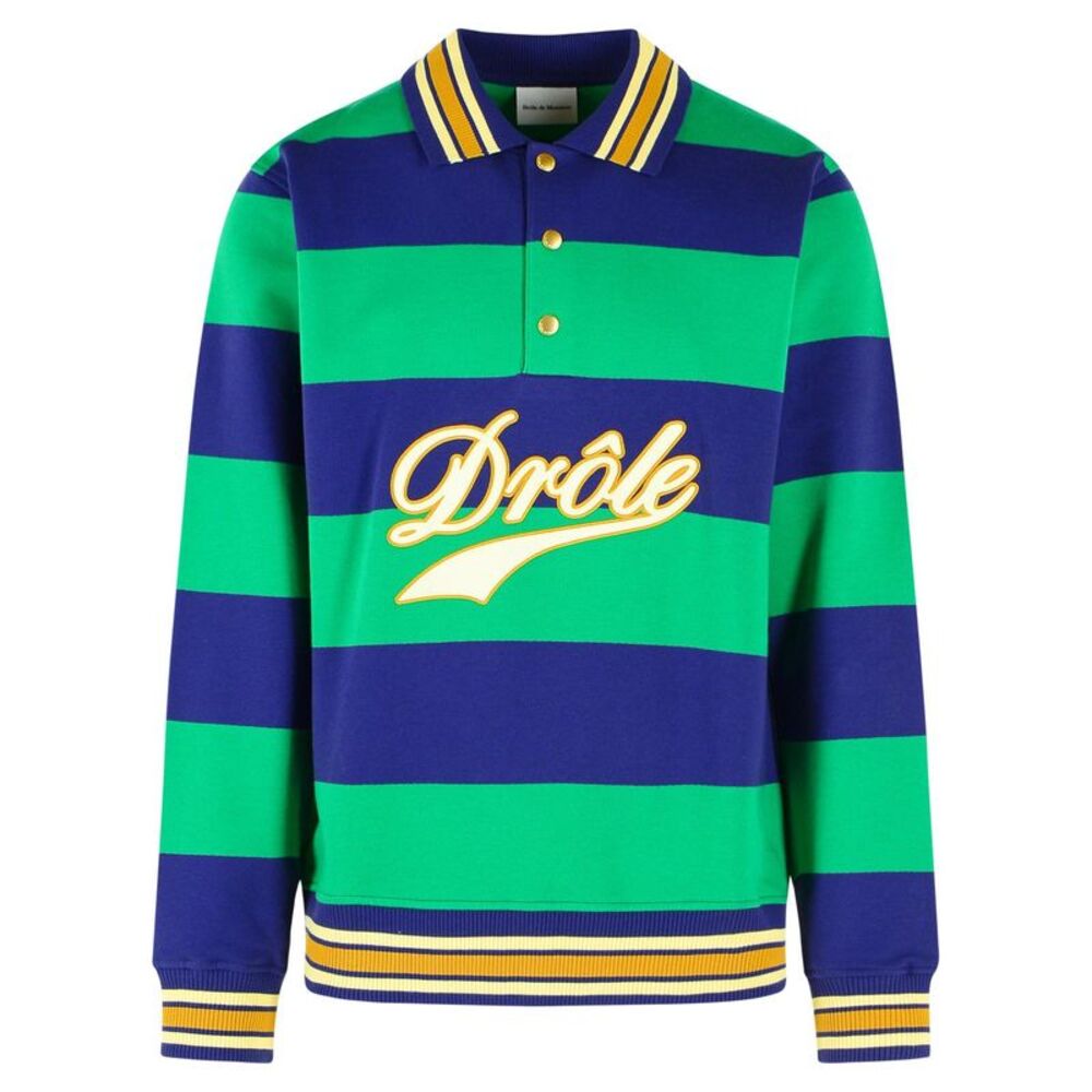 Drole De Monsieur 'Drôle Embroidered Stripes' Green Cotton Polo Shirt Men